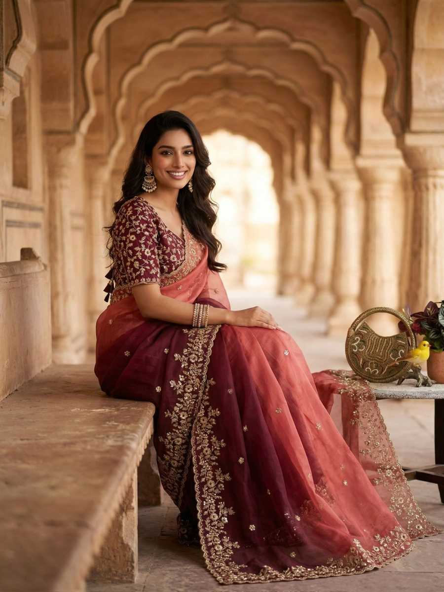 1LUXURY FANDY CHIFFON SILK SEQUINS WITH JARI THREAD EMBROIDERY WORK SAREE WITH STITCHED BLOUSE SEASONABLE WEAR WHOLESALE PRICE ETHNIC GARMENT (36)