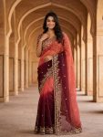 1LUXURY FANDY CHIFFON SILK SEQUINS WITH JARI THREAD EMBROIDERY WORK SAREE WITH STITCHED BLOUSE SEASONABLE WEAR WHOLESALE PRICE ETHNIC GARMENT (38)