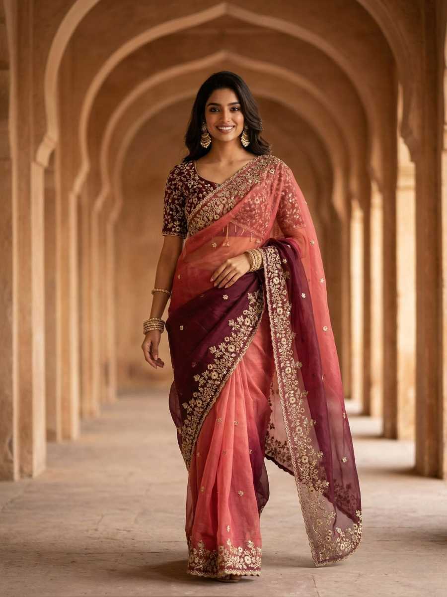 1LUXURY FANDY CHIFFON SILK SEQUINS WITH JARI THREAD EMBROIDERY WORK SAREE WITH STITCHED BLOUSE SEASONABLE WEAR WHOLESALE PRICE ETHNIC GARMENT (38)