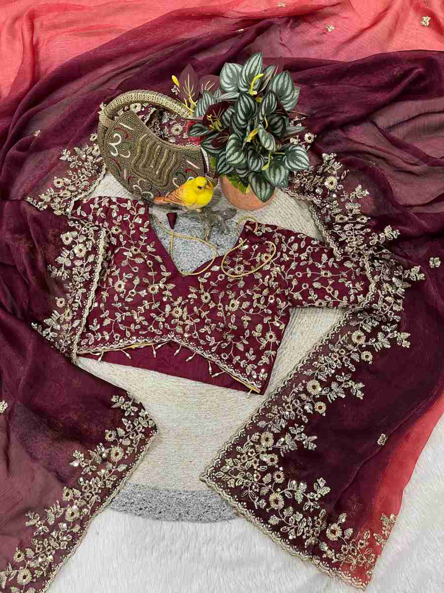 1LUXURY FANDY CHIFFON SILK SEQUINS WITH JARI THREAD EMBROIDERY WORK SAREE WITH STITCHED BLOUSE SEASONABLE WEAR WHOLESALE PRICE ETHNIC GARMENT (40)