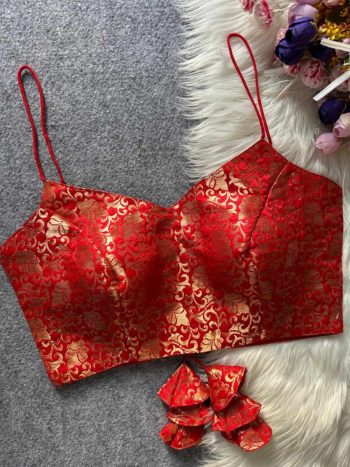 LUXURY JACQUARD SILK GOLD WORK READY TO WEAR BLOUSE RED