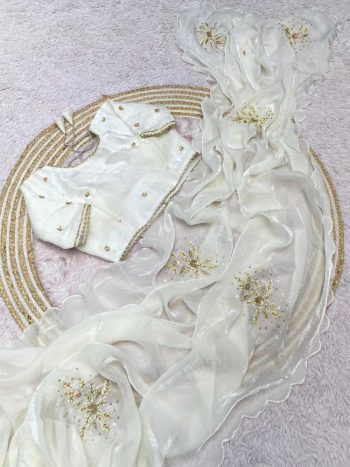 MODERN FANDY SATTIN KHATLI CUT DENA HANDWORK SAREE WITH STITCHED BLOUSE WHITE