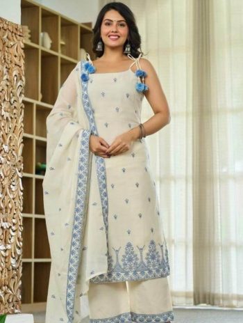 RICH LOOK MASKA COTTON SILK FANCY BORDER WITH MULTI NEEDLE, SEQUENCE, EMBROIDERY WORK TOP BOTTOM WITH DUPATTA WHITE AND SKY