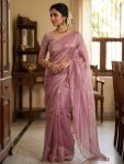 RICH LOOK SPACE SILK PLAIN SAREE WITH HANDWORK SEQUENCE WORK UNSTITCHED BLOUSE BABY PINK