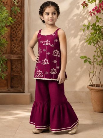TRENDING COTTON BLEND EMBROIDERY WORK KID'S TOP SHARARA SET WINE
