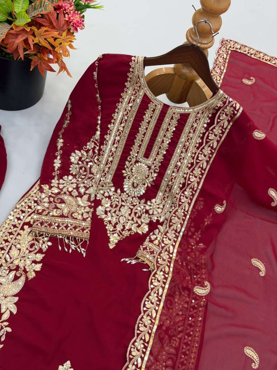 1TRENDING FAUX GEORGETTE EMBROIDERY SEQUENCE WORK TOP PALAZZO WITH DUPATTA FESTIVE WEAR WHOLESALE PRICE ETHNIC GARMENT (1)