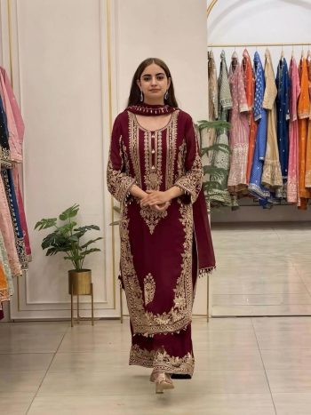 TRENDING FAUX GEORGETTE EMBROIDERY SEQUENCE WORK TOP PALAZZO WITH DUPATTA MAROON