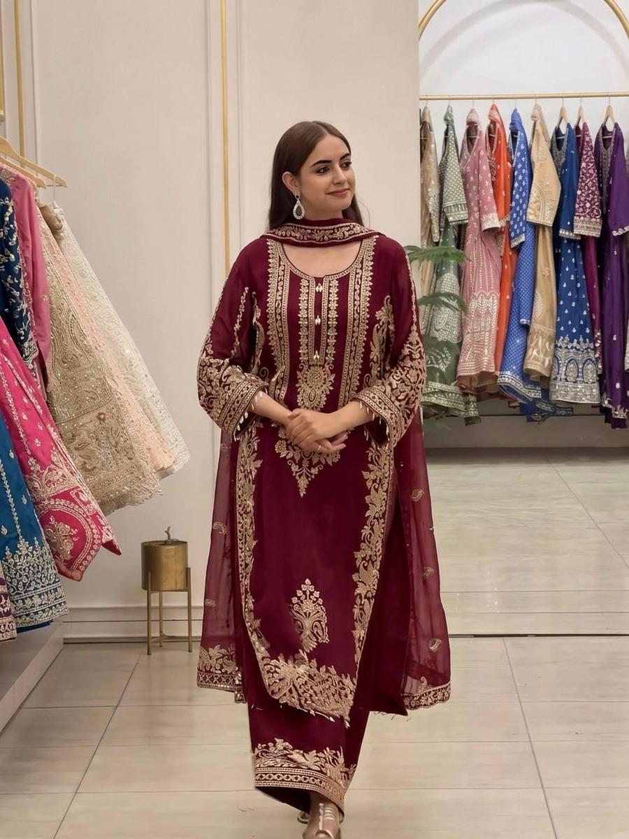 1TRENDING FAUX GEORGETTE EMBROIDERY SEQUENCE WORK TOP PALAZZO WITH DUPATTA FESTIVE WEAR WHOLESALE PRICE ETHNIC GARMENT (5)