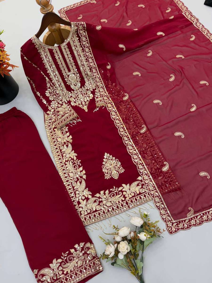 1TRENDING FAUX GEORGETTE EMBROIDERY SEQUENCE WORK TOP PALAZZO WITH DUPATTA FESTIVE WEAR WHOLESALE PRICE ETHNIC GARMENT (9)