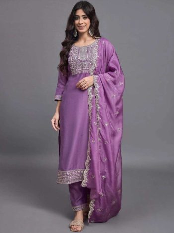 RICH LOOK SLUB COTTON EMBROIDERY WORK TOP BOTTOM WITH DUPATTA LAVENDER
