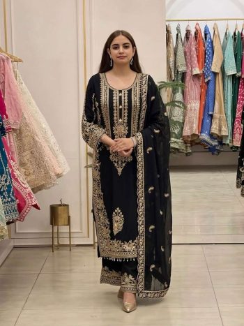 TRENDING FAUX GEORGETTE EMBROIDERY SEQUENCE WORK TOP PALAZZO WITH DUPATTA BLACK