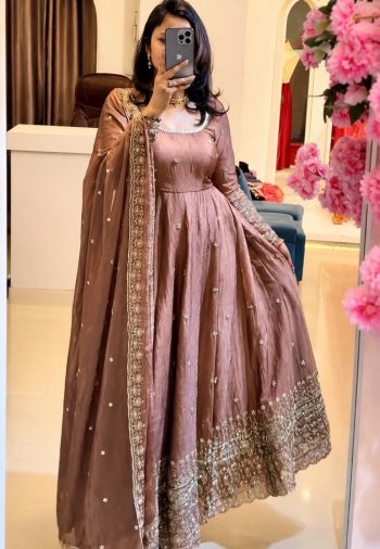 LATEST CRUNCHY SILK EMBROIDERY SEQUENCE WORK GOWN BOTTOM WITH DUPATTA PEACH