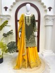MODERN NATURAL CREPE THREAD & SEQUENCE WORK TOP PALAZZO WITH DUPATTA MEHNDI AND YELLOW