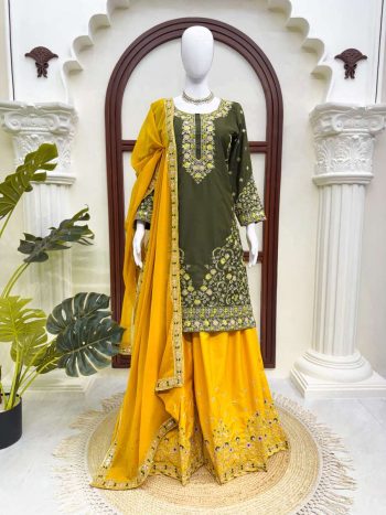 MODERN NATURAL CREPE THREAD & SEQUENCE WORK TOP PALAZZO WITH DUPATTA MEHNDI AND YELLOW