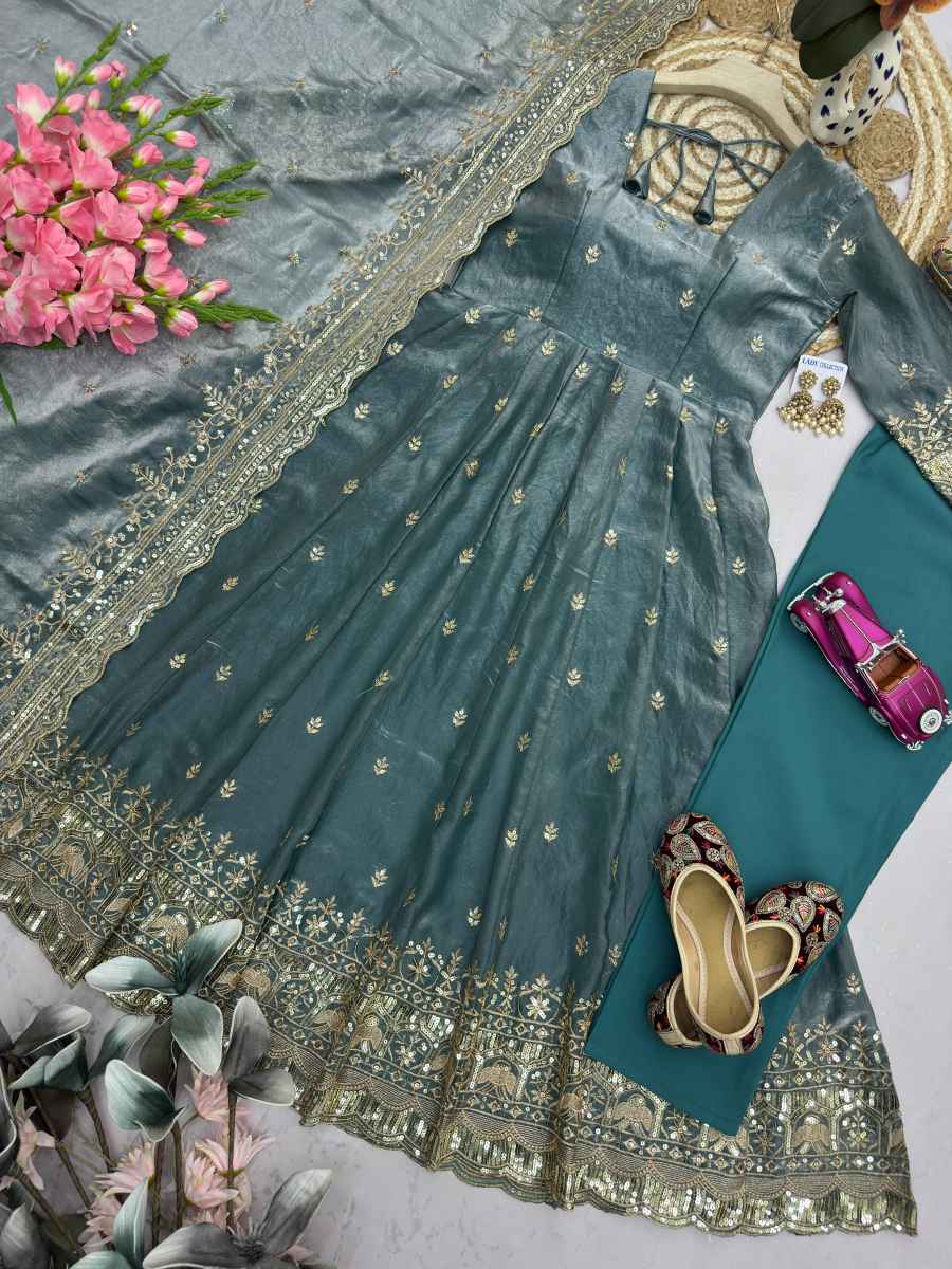 2DESIGNER FENDY SILK EMBROIDERY SEQUENCE WORK GOWN BOTTOM WITH DUPATTA WEDDING WEAR WHOLESALE PRICE ETHNIC GARMENT (25)