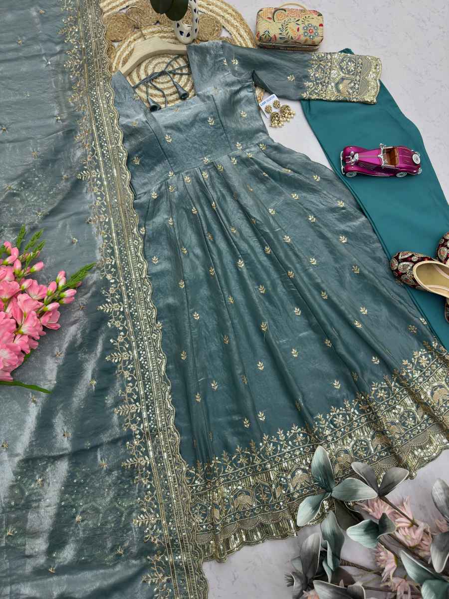 2DESIGNER FENDY SILK EMBROIDERY SEQUENCE WORK GOWN BOTTOM WITH DUPATTA WEDDING WEAR WHOLESALE PRICE ETHNIC GARMENT (27)