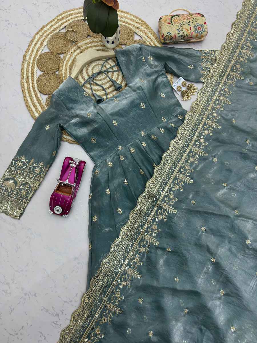 2DESIGNER FENDY SILK EMBROIDERY SEQUENCE WORK GOWN BOTTOM WITH DUPATTA WEDDING WEAR WHOLESALE PRICE ETHNIC GARMENT (28)