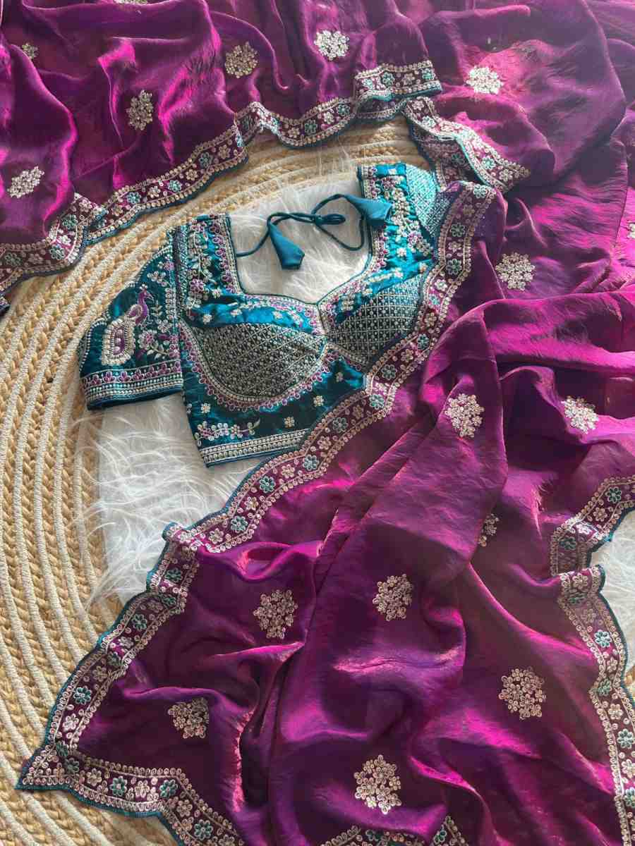 2FABULOUS FANDY SATIN SILK EMBROIDERY ZARI AND 3MM SEQUENCE WORK SAREE WITH STITCHED BLOUSE WEDDING WEAR WHOLESALE PRICE ETHNIC GARMENT (33)
