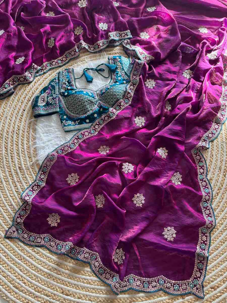 2FABULOUS FANDY SATIN SILK EMBROIDERY ZARI AND 3MM SEQUENCE WORK SAREE WITH STITCHED BLOUSE WEDDING WEAR WHOLESALE PRICE ETHNIC GARMENT (36)