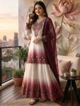 FANCY DUAL TONE STAR GEORGETTE EMBROIDERY THREAD WORK TOP PALAZZO WITH DUPATTA WHITE AND WINE
