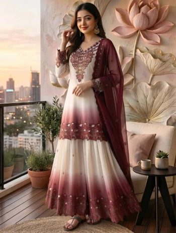 FANCY DUAL TONE STAR GEORGETTE EMBROIDERY THREAD WORK TOP PALAZZO WITH DUPATTA WHITE AND WINE