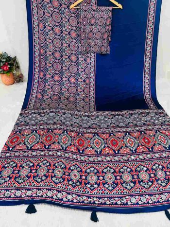 LATEST GAJJI SILK AJARAKH PRINT AND HEAVY MIRROR WORK SAREE WITH UNSTITCHED BLOUSE NAVY BLUE
