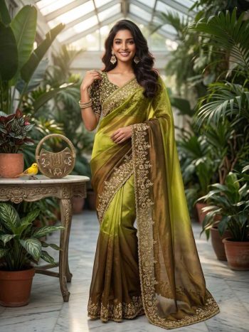 LUXURY FANDY CHIFFON SILK SEQUINS WITH JARI THREAD EMBROIDERY WORK SAREE WITH STITCHED BLOUSE PARROT GREEN