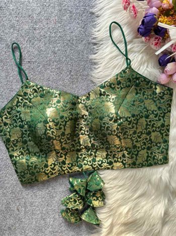 LUXURY JACQUARD SILK GOLD WORK READY TO WEAR BLOUSE GREEN