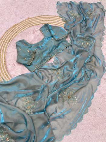 MODERN FANDY SATTIN KHATLI CUT DENA HANDWORK SAREE WITH STITCHED BLOUSE RAMA