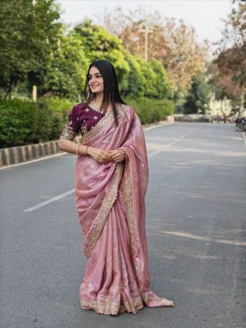 NEW ARRIVAL FENDY SATTIN MULTI SEQUENCE EMBROIDERY WORK SAREE WITH UNSTITCHED BLOUSE BABY PINK