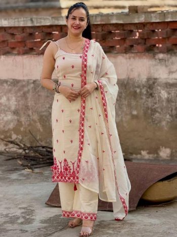 RICH LOOK MASKA COTTON SILK FANCY BORDER WITH MULTI NEEDLE, SEQUENCE, EMBROIDERY WORK TOP BOTTOM WITH DUPATTA WHITE AND RED