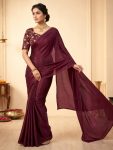 RICH LOOK SPACE SILK PLAIN SAREE WITH HANDWORK SEQUENCE WORK UNSTITCHED BLOUSE WINE