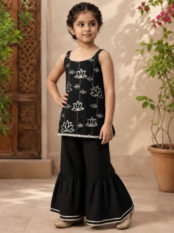 TRENDING COTTON BLEND EMBROIDERY WORK KID'S TOP SHARARA SET BLACK