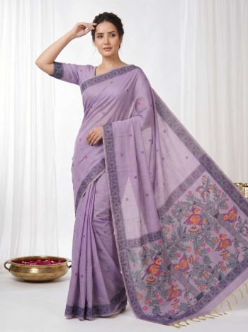 TRENDING MUGA COTTON RESHAM WEAVING MADHUBANI WORK SAREE WITH UNSTITCHED BLOUSE LAVENDER