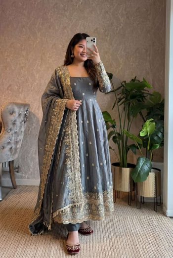 DESIGNER FENDY SILK EMBROIDERY SEQUENCE WORK GOWN BOTTOM WITH DUPATTA GREY