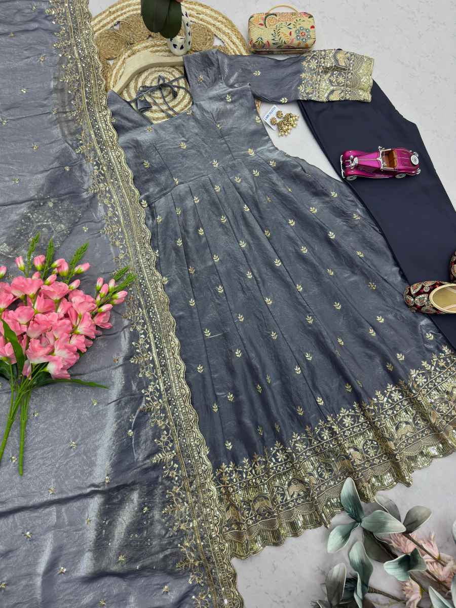3DESIGNER FENDY SILK EMBROIDERY SEQUENCE WORK GOWN BOTTOM WITH DUPATTA WEDDING WEAR WHOLESALE PRICE ETHNIC GARMENT (28)