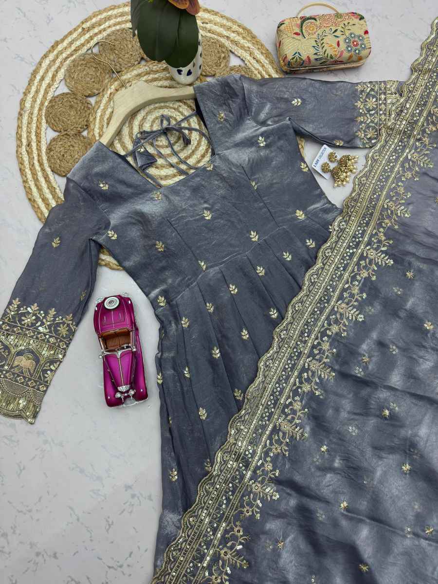 3DESIGNER FENDY SILK EMBROIDERY SEQUENCE WORK GOWN BOTTOM WITH DUPATTA WEDDING WEAR WHOLESALE PRICE ETHNIC GARMENT (29)