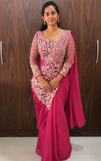 DESIGNER GEORGETTE EMBROIDERY ZARI & SEMI BEADS WORK READY TO WEAR SAREE WITH STITCHED BLOUSE PINK
