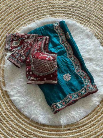 FABULOUS FANDY SATIN SILK EMBROIDERY ZARI AND 3MM SEQUENCE WORK  SAREE WITH STITCHED RAMA