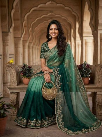 LUXURY FANDY CHIFFON SILK SEQUINS WITH JARI THREAD EMBROIDERY WORK SAREE WITH STITCHED BLOUSE DARK GREEN