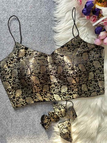 LUXURY JACQUARD SILK GOLD WORK READY TO WEAR BLOUSE BLACK