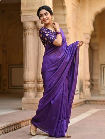 RICH LOOK SPACE SILK PLAIN SAREE WITH HANDWORK SEQUENCE WORK UNSTITCHED BLOUSE PURPLE
