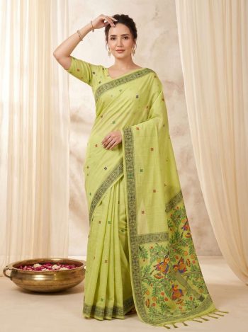 TRENDING MUGA COTTON RESHAM WEAVING MADHUBANI WORK SAREE WITH UNSTITCHED BLOUSE PISTA