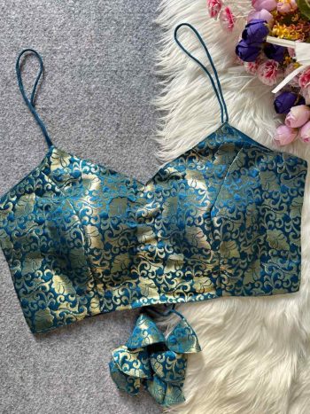LUXURY JACQUARD SILK GOLD WORK READY TO WEAR BLOUSE BLUE