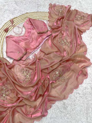MODERN FANDY SATTIN KHATLI CUT DENA HANDWORK SAREE WITH STITCHED BLOUSE PEACH