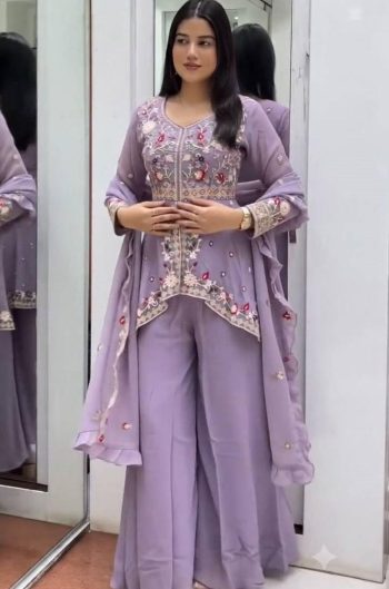 MODERN RANGOLI SILK SEQUENCE EMBROIDERY WORK TOP PALAZZO WITH DUPATTA PURPLE