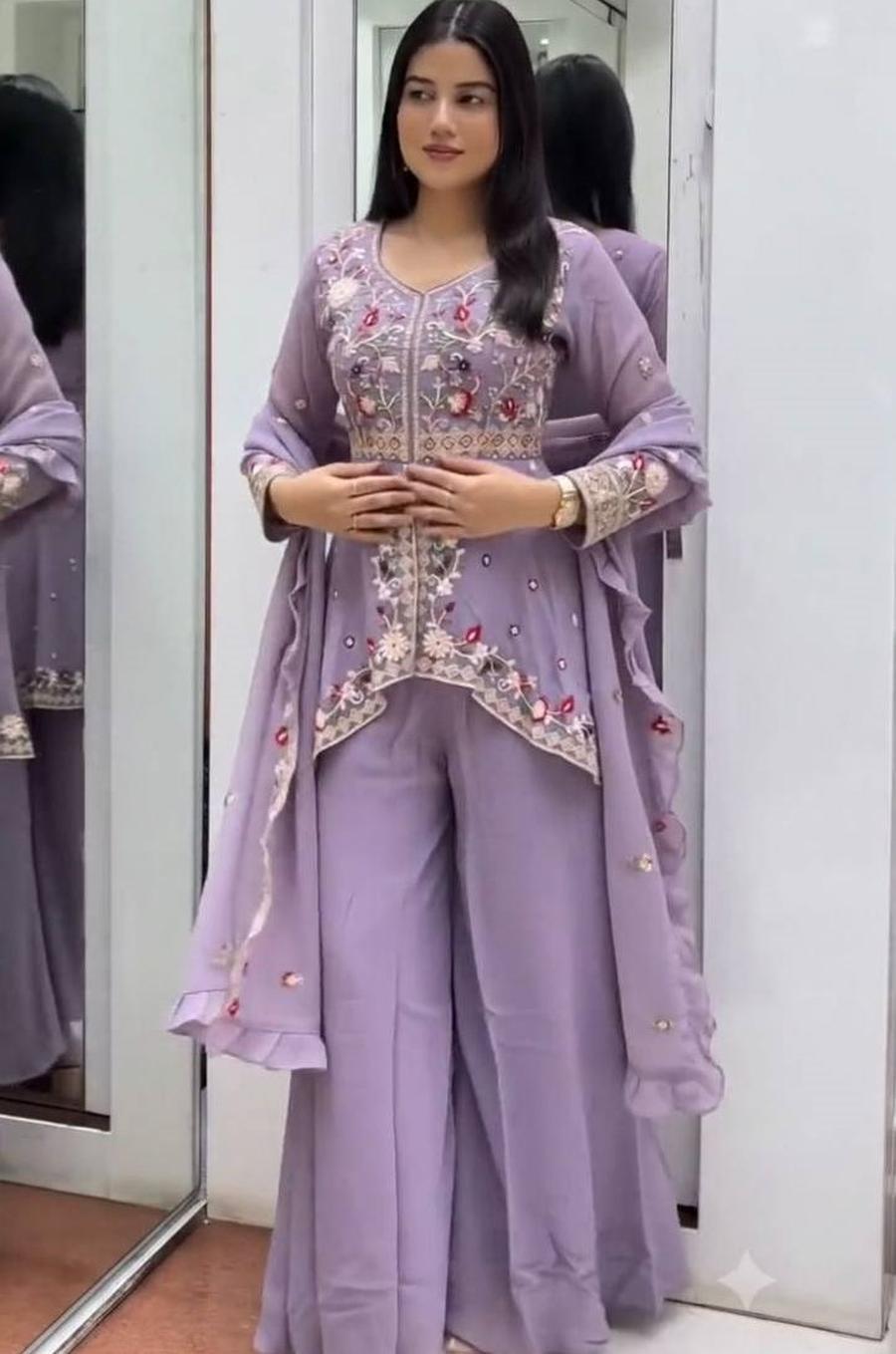 4MODERN RANGOLI SILK SEQUENCE EMBROIDERY WORK TOP PALAZZO WITH DUPATTA PARTY WEAR WHOLESALE PRICE ETHNIC GARMENT (18)