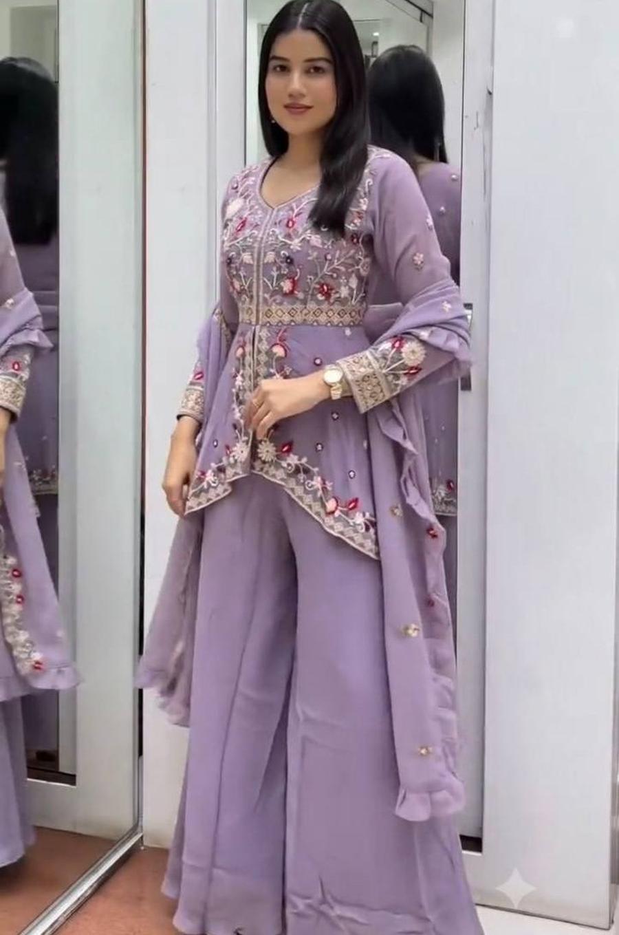 4MODERN RANGOLI SILK SEQUENCE EMBROIDERY WORK TOP PALAZZO WITH DUPATTA PARTY WEAR WHOLESALE PRICE ETHNIC GARMENT (20)