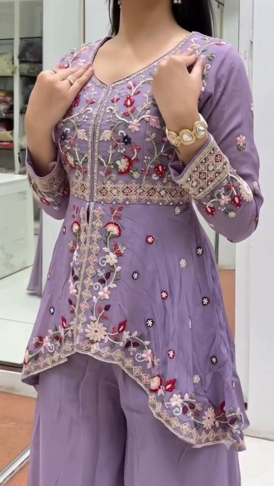 4MODERN RANGOLI SILK SEQUENCE EMBROIDERY WORK TOP PALAZZO WITH DUPATTA PARTY WEAR WHOLESALE PRICE ETHNIC GARMENT (21)