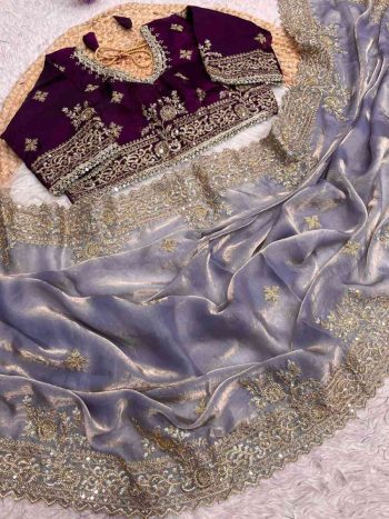 NEW ARRIVAL FENDY SATIN MULTI SEQUENCE EMBROIDERY WORK SAREE WITH UNSTITCHED BLOUSE GREY